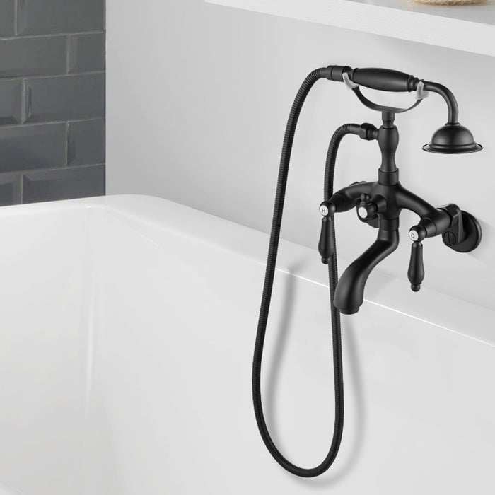 gotonovo Matte Black Wall Mount 3 3/8 Clawfoot Tub Faucet For Bathtub with Hand Held Shower Sprayer Double Level Handle with Hot and Cold Water Adapter Adjustable Swing Arms