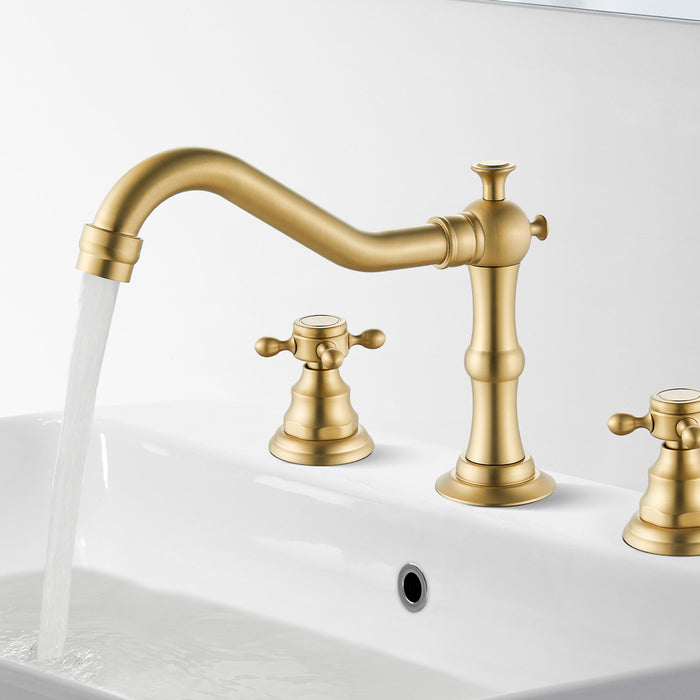 Victorian Style Widespread Brushed Gold Bathroom Vanity Basin Faucet 3 Holes Hot and Cold Mixer Tap with Pop Up Drain Assembly Overflow Dual Cross Knobs