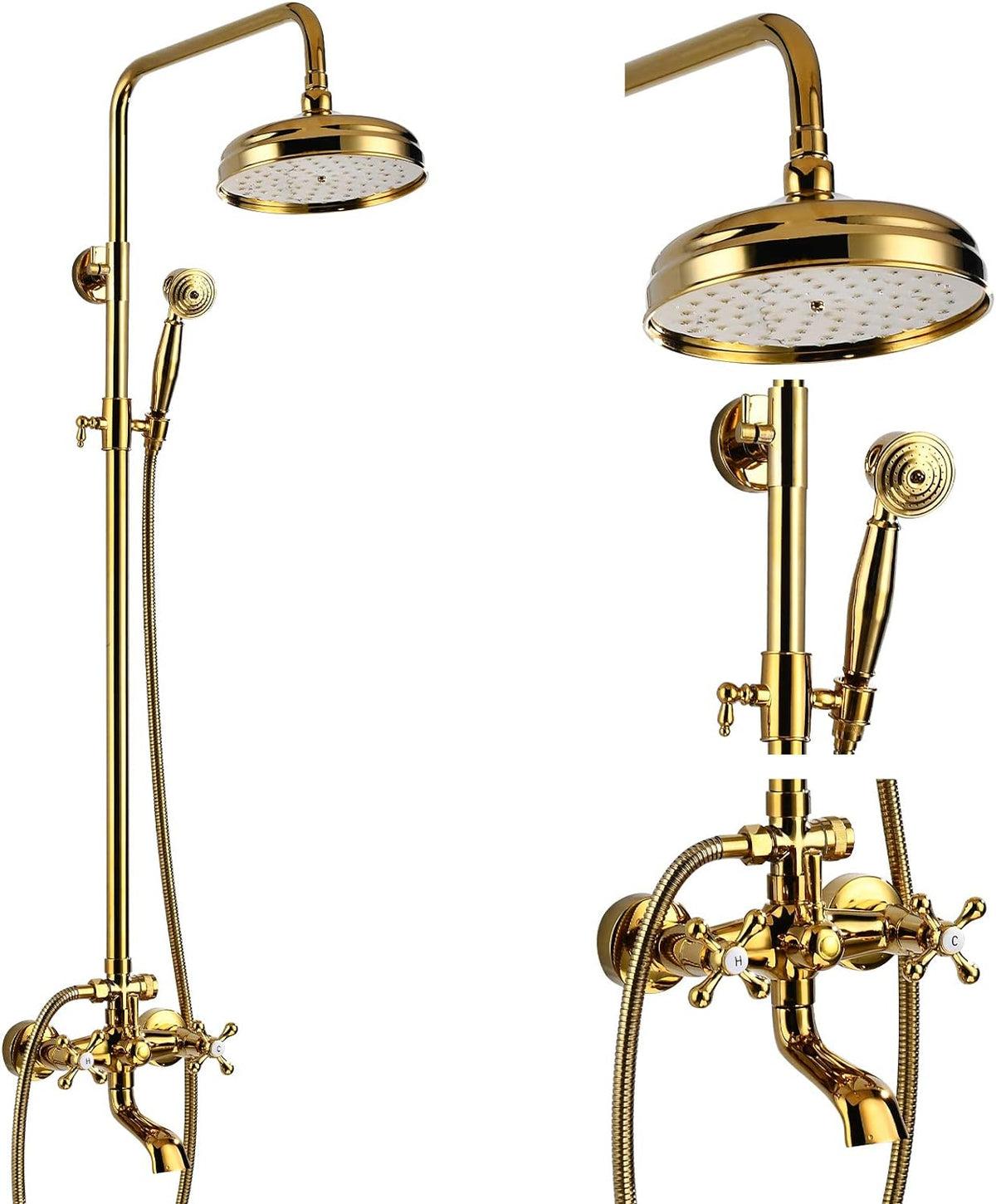 Gold Polished Shower Faucet Sets 8 Inch Rainfall Shower Head Bathtub 2 ...