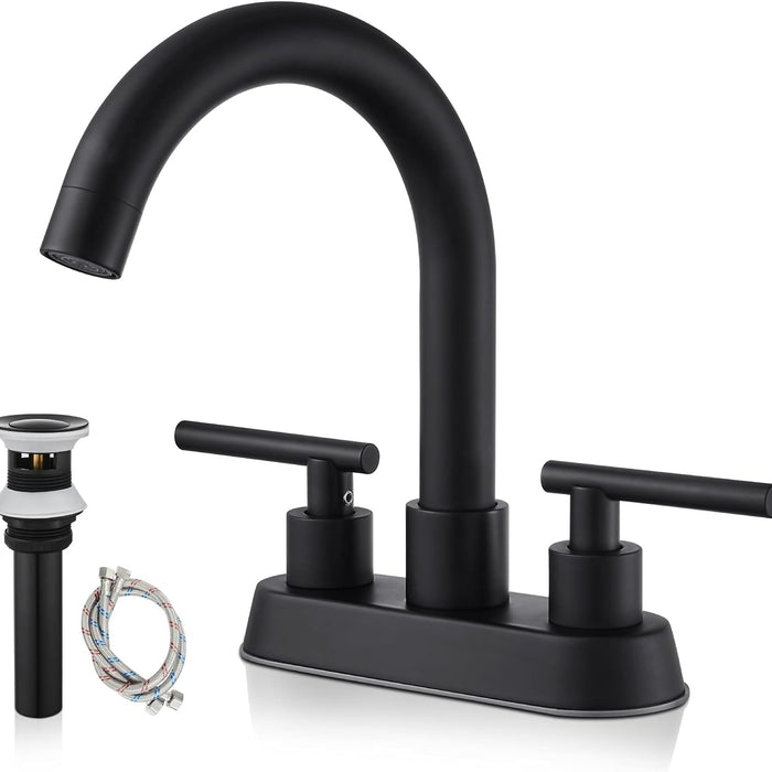 gotonovo Modern 2 Hole Bathroom Sink Faucet 4 Inch Centerset Matte Black Swivel Spout 2-Handle Deck Mounted Lavatory Faucet with Water Supply Lines and Pop Up Drain