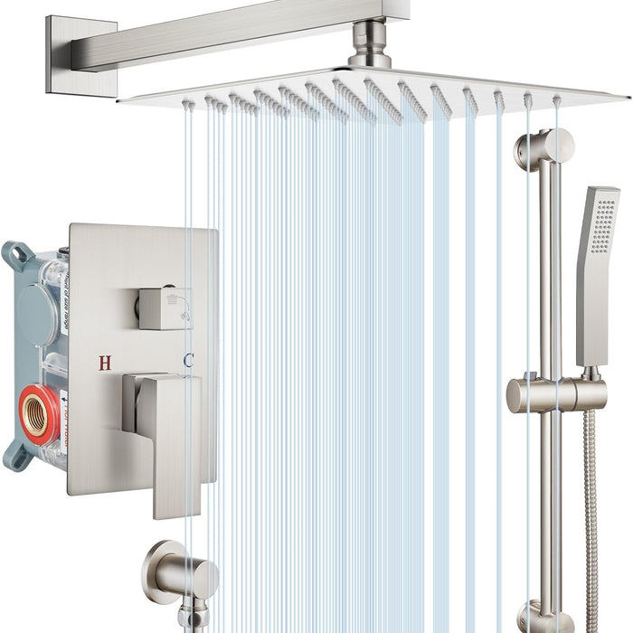 gotonovo 12 inch Shower Faucet Set Brushed Nickel Square Rain Shower Head with Adjustable Angle Slide Bar Wall Mounted Shower Trim Kit Shower System Rough-in Valve and Trim Included