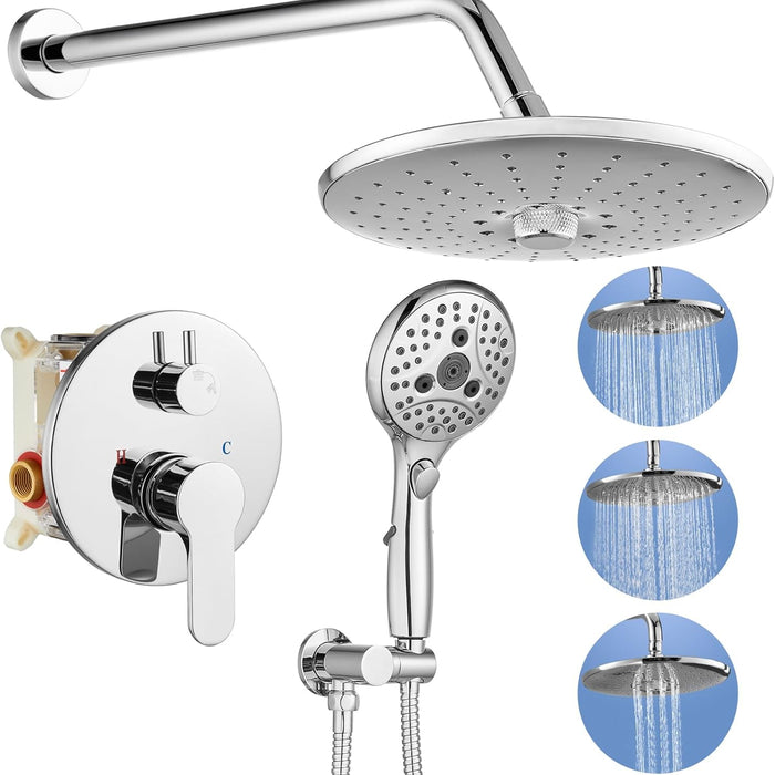 gotonovo Shower Trim Kit Polished Chrome 10 inch 3 Modes Round Rainfall Shower Head Wall Mounted 6-Functions ABS Handheld Spray Shower System Pressure Balanced Rough-in Valve and Trim Included