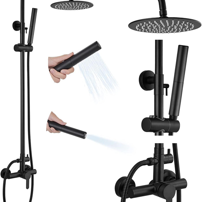 gotonovo Outdoor Shower Faucet Sets Matte Black 304 Stainless Steel Shower Head with 2 in 1 Cylinder Handheld Spray 2 Function Exposed Shower Combo Set Wall Mount Single Handle