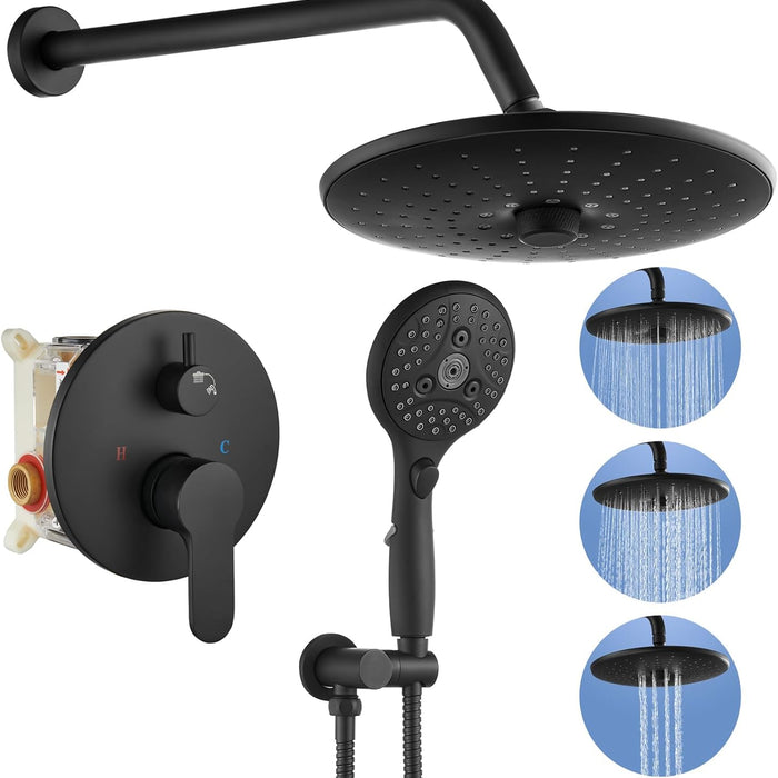 gotonovo Matte Black 10 Inch Round 3 Modes Rainfall Shower Head 6 Settings ABS Handheld Spray Wall Mounted Shower Trim Kit Shower System Pressure Balanced Rough-in Valve and Trim Included