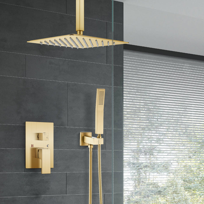 gotonovo Brushed Gold Ceiling Mount Rainfall Shower System with 12 inch Square Shower Head with Handheld shower and Pressure Balance Shower Valve Kit Luxury Rain Mixer Shower Combo Set Bathroom