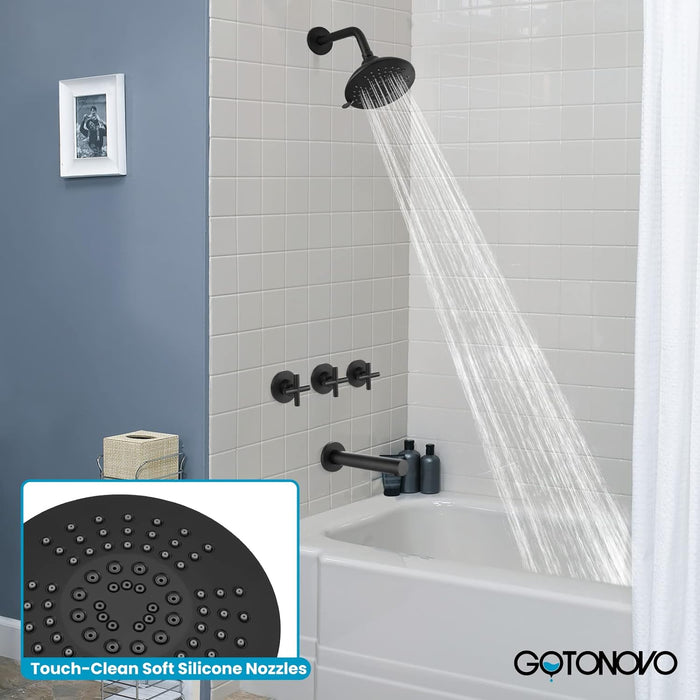 gotonovo Matte Black Wall Mounted Tub and Shower Faucet Set 3 Cross Handles with Straight Tub Spout and 6 Inch 6-Function Round Rain Shower Head Roungh-in Valve Shower Trim Kit