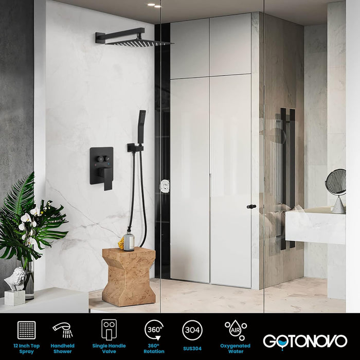 gotonovo Push Button Rain Shower System 12 Inch Rainfall Shower Head with Handheld Shower Wall Mount Matte Black Pressure Balance Valve Included Dual Functions Luxury Shower Faucet Set