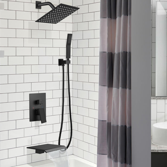 gotonovo Rain Mixer Shower Faucet Set with Waterfall Tub Spout 10 inch Square Rainfall Shower Head with Handheld Spray Matte Black Wall Mounted Pressure Balance Rough-in Valve and Trim Included