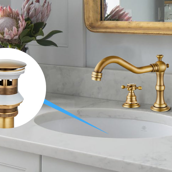 Widespread Bathroom Faucet Double Handle Mixer Tap for Bathtub Brushed Gold Antique Brass Three Hole Deck Mount Hot Cold Water Matching Pop Up Drain with Overflow