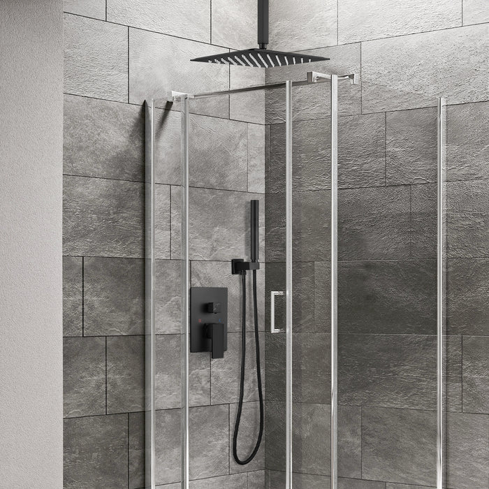 Ceiling Mount Shower Faucet Set Matte Black 12 Inch Square Showerhead Bathroom Rainfall Shower System SUS304 Stainless Steel Shower Trim Kit 2 in 1 Cylindrical Handheld shower with Rough-in Valve