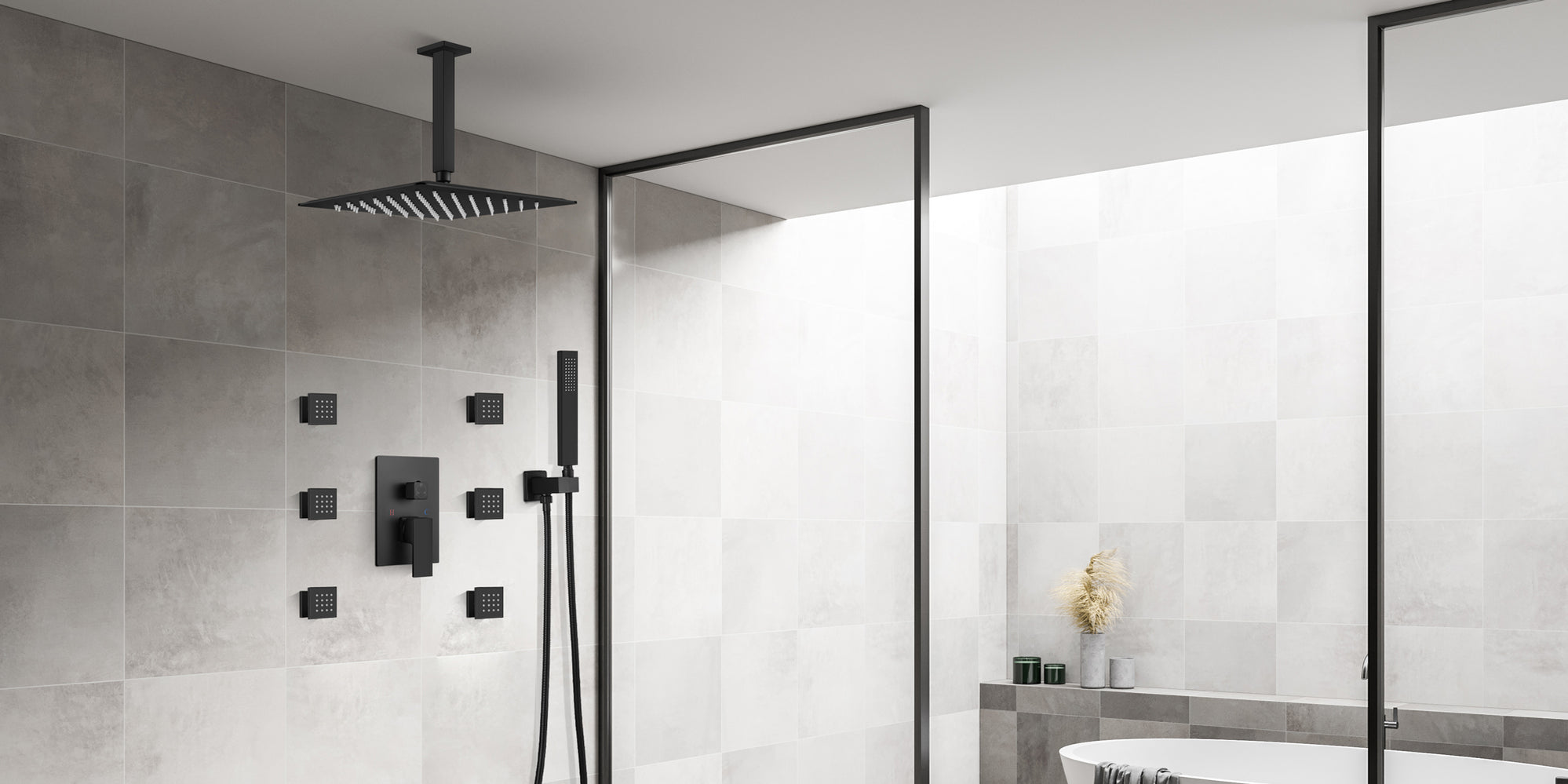 Gotonovo Matte Black Ceiling Mounted Rain Mixer Shower Faucet Set 12 I 