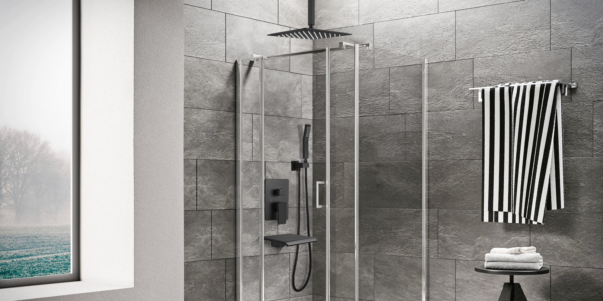 Gotonovo 12 Inch Matte Black Rain Mixer Shower Faucet Set With Waterfa