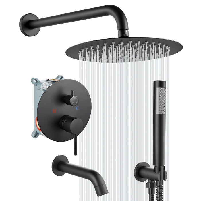 gotonovo 10 inch Round Rain Shower System with Tub Spout Wall Mounted Bathroom 3 Piece Mixer Shower Set Shower Head Combo with Rough in Valve Cylindrical Handheld