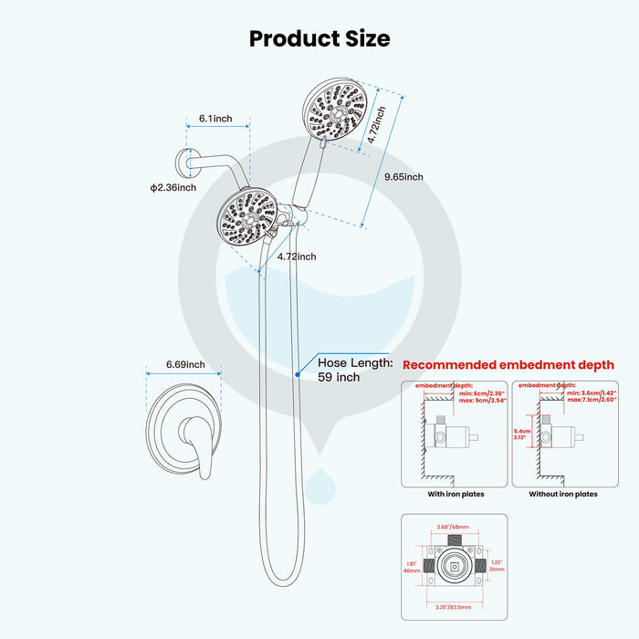 gotonovo Dual 2 in 1 Shower Head Kit High Pressure Combo System Shower Faucet 6 Modes ABS Handheld Spray Shower Trim Kit with Valve Shower Head and Handle Set Matte Black