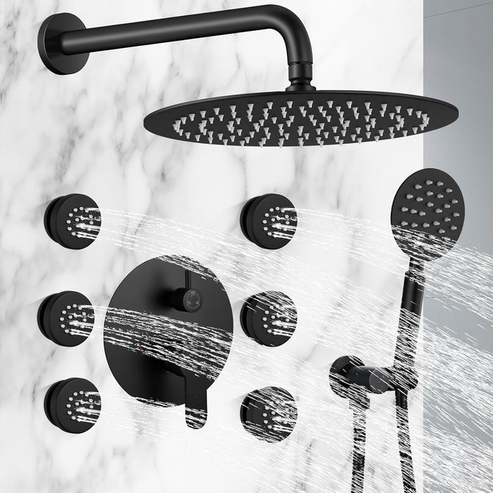 gotonovo Wall Mounted Round High Pressure Rain Shower Head with Body Jets With Round Handheld Shower and Full Body Spray Jet with Rough-in Valve