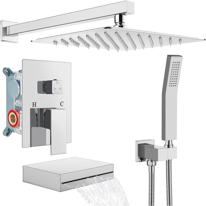 gotonovo Rain Shower Combo Set with Thick Waterfall Tub Spout,Square Rainfall Shower Head with Handheld Spray Wall Mounted Pressure Balance Rough-in Valve and Trim Included