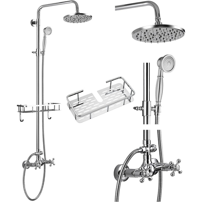 gotonovo Exposed Bathroom Shower Faucet Wall Mounted Shower System Dual Functions 8 inch Wall Mounted with Shower Shelf Double Cross Handles Adjustable Handheld Sprayer