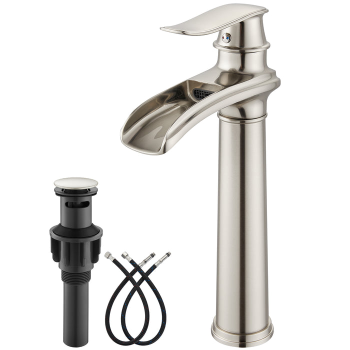 gotonovo Waterfall Vessel Sink Faucet for Sink 1 Hole,Single Handle Tall Bathroom Sink Faucet,Brass Waterfall Bathroom Faucet Round Body Mixer Tap with Pop Up Drain and Supply Line