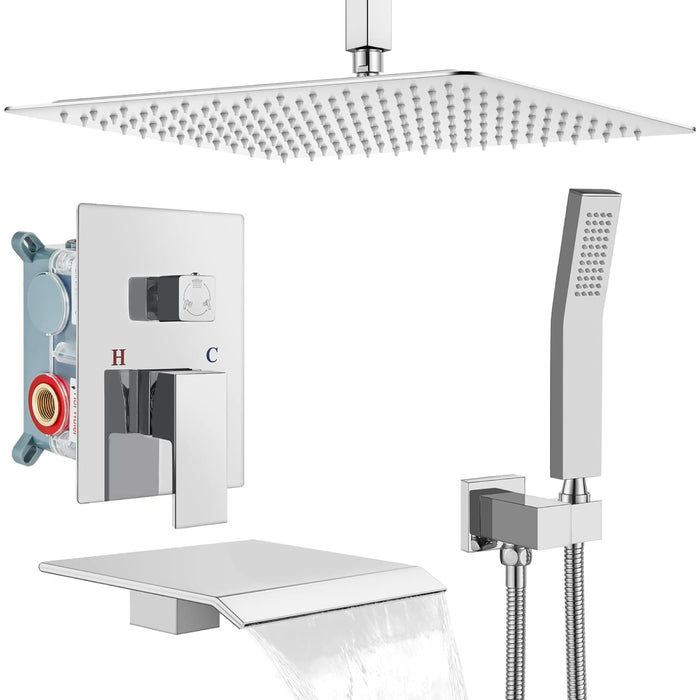 gotonovo Rain Shower System Rainfall Shower Head Combo Shower Faucet Set with Waterfall Bathtub Spout Handheld Shower Ceiling Mount Rough-in Valve Kit Included