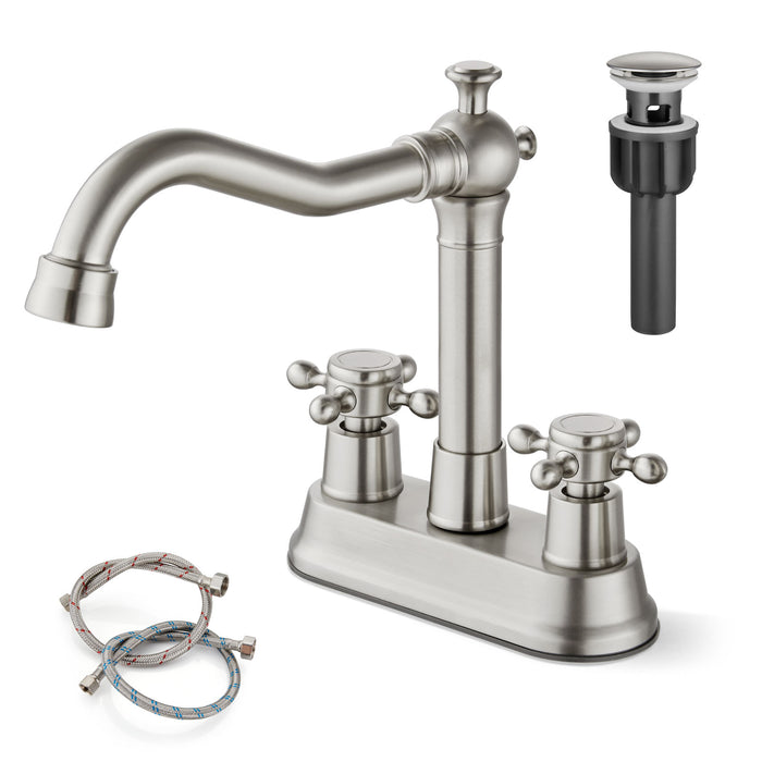 gotonovo 4 Inch Centerset Bathroom Sink Faucet 2 Hole Brass 2 Double Cross Handles Vanity Deck Mounted Mixer Tap Basin Lavatory Faucet Include Water Hose with Pop Up Drain