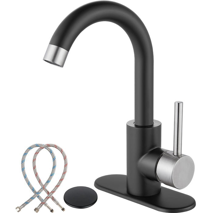 gotonovo Bathroom Sink Faucet,Single Handle Vanity Faucet Wet Bar Pre-Kitchen Farmhouse RV Faucet with Deck Plate, Watre Supply Hoses and Drain Stopper