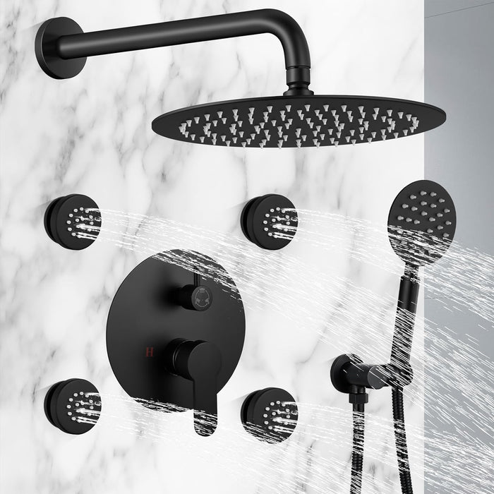 gotonovo Wall Mounted Round High Pressure Rain Shower Head with Body Jets With Round Handheld Shower and Full Body Spray Jet with Rough-in Valve