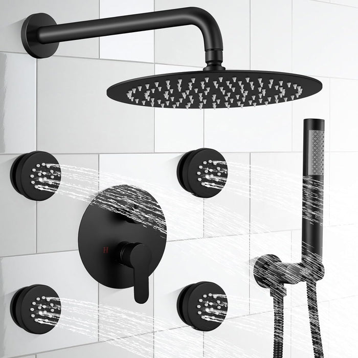 gotonovo 10’’ Wall Mount Shower System Round Rain Shower Head Combo Set with 4pcs Body Spray Jets and Brass Handheld Shower High Pressure Rough-in Valve and Trim Included