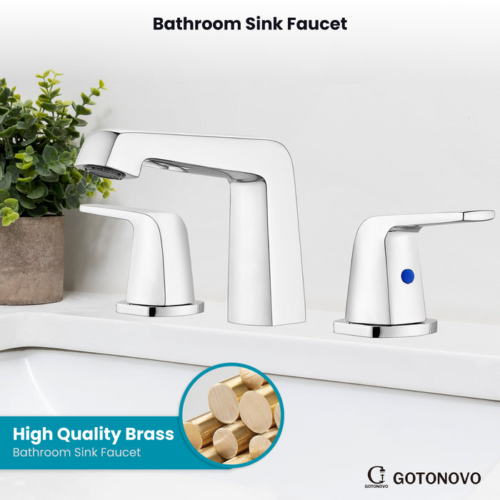 gotonovo Bathroom Sink Faucet 3 Holes 2 Handles Widespread 8 Inch Bath Faucet with Pop Up Drain Hot Cold Water Supply Lines Lavatory Vanity Faucet Set Thick 7 Head
