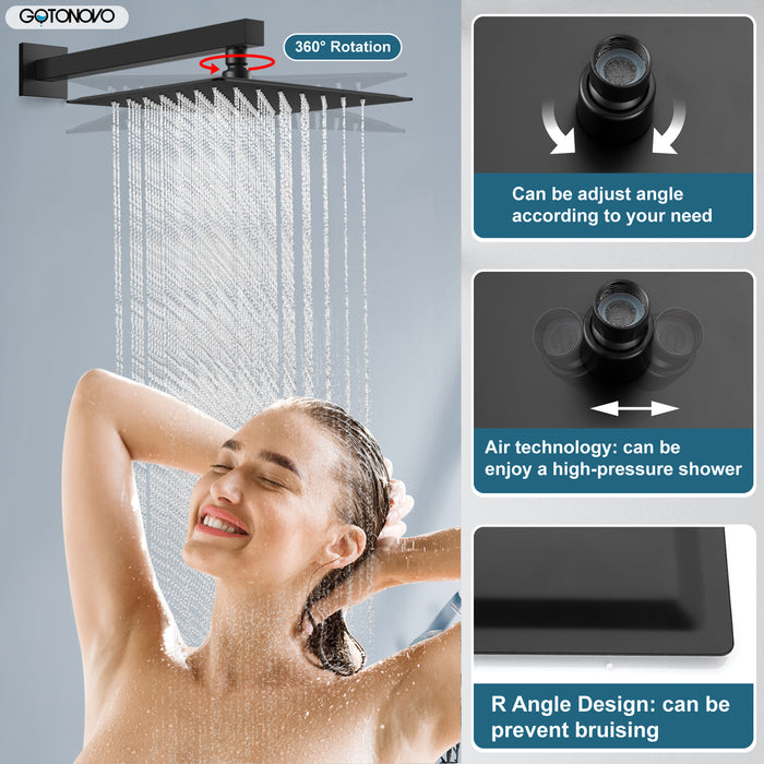 gotonovo Shower System 12 Inch Square Shower Head with Handheld Shower and Waterfall Tub Spout Wall Mount Rainfall Shower Faucet Rough-in Valve 3 Function Shower Combo Set