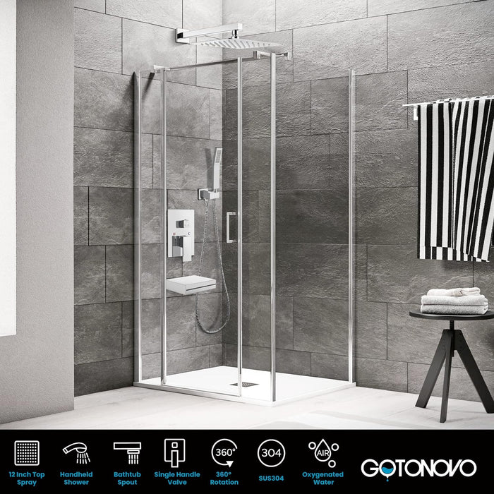 gotonovo Rain Shower Combo Set with Thick Waterfall Tub Spout,Square Rainfall Shower Head with Handheld Spray Wall Mounted Pressure Balance Rough-in Valve and Trim Included