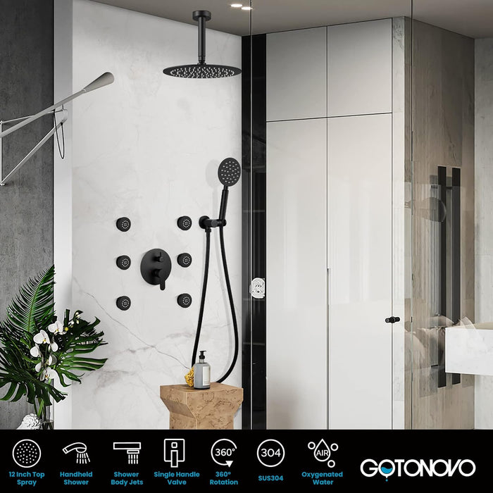 gotonovo Ceiling Mounted Shower Faucet System Rain Mixer with 12 inch Round Rainfall Shower Head with Body Spray Jets with Shower Combo Complete Set