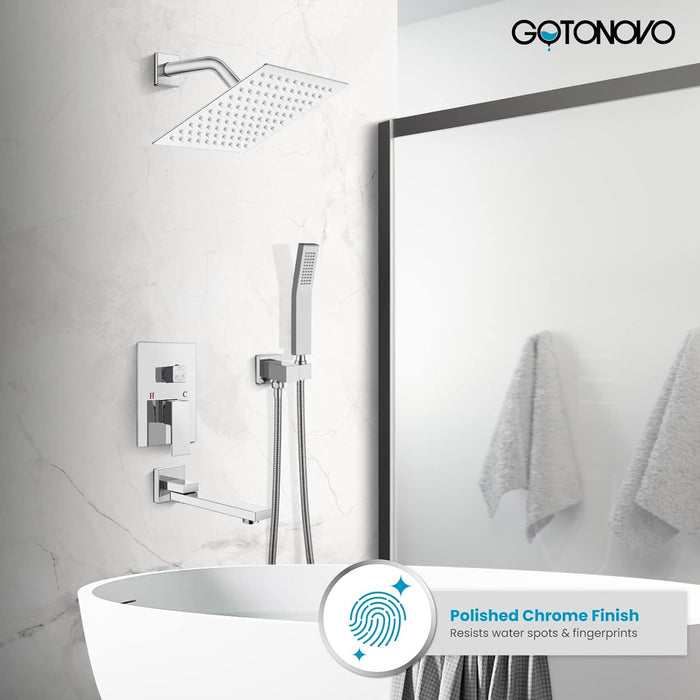 Gotonovo Rain Shower Combo Set Luxury 3-Function with Rotating Tub Spout,Square Rainfall Shower Head and Handheld Spray Rough-in Valve Body and Trim Included