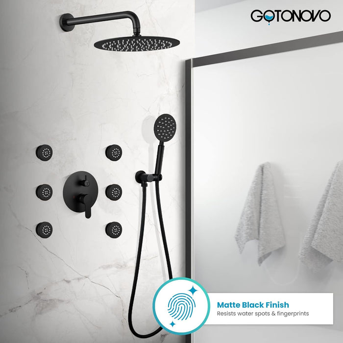 gotonovo Wall Mounted Round High Pressure Rain Shower Head with Body Jets With Round Handheld Shower and Full Body Spray Jet with Rough-in Valve