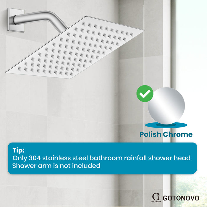 gotonovo Bathroom Rainfall Square Shower Head Ultra-Thin Design SUS304 Stainless Steel High Pressure 360 Degree Free Rotation