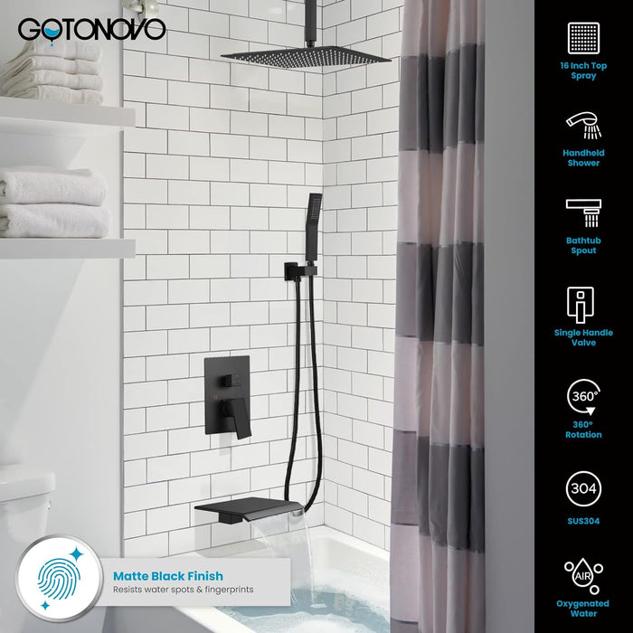 gotonovo Rain Shower System Rainfall Shower Head Combo Shower Faucet Set with Waterfall Bathtub Spout Handheld Shower Ceiling Mount Rough-in Valve Kit Included