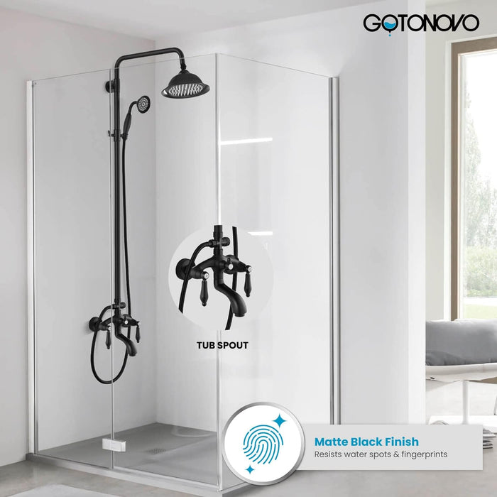 gotonovo 8 Inch Exposed Bathroom Shower System Round Shower Head with Adjustable Handheld Spray Wall Mounted Double Lever Handles Shower Fixture set Triple Function with Tub Spout