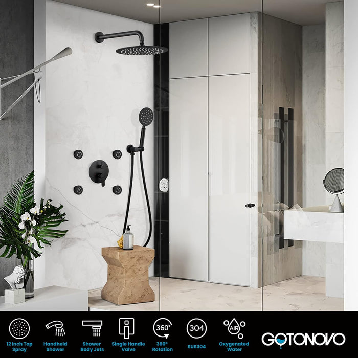 gotonovo Wall Mounted Round High Pressure Rain Shower Head with Body Jets With Round Handheld Shower and Full Body Spray Jet with Rough-in Valve