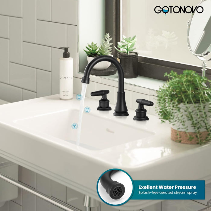 gotonovo 8 Inch Vanity Basin Faucet Dual Handle Deck Mount 3 Hole Bathroom Faucet with Pop Up Drain and Water Supply Hoses Widespread Lavatory Sink Faucet Hot and Cold Mixer Tap