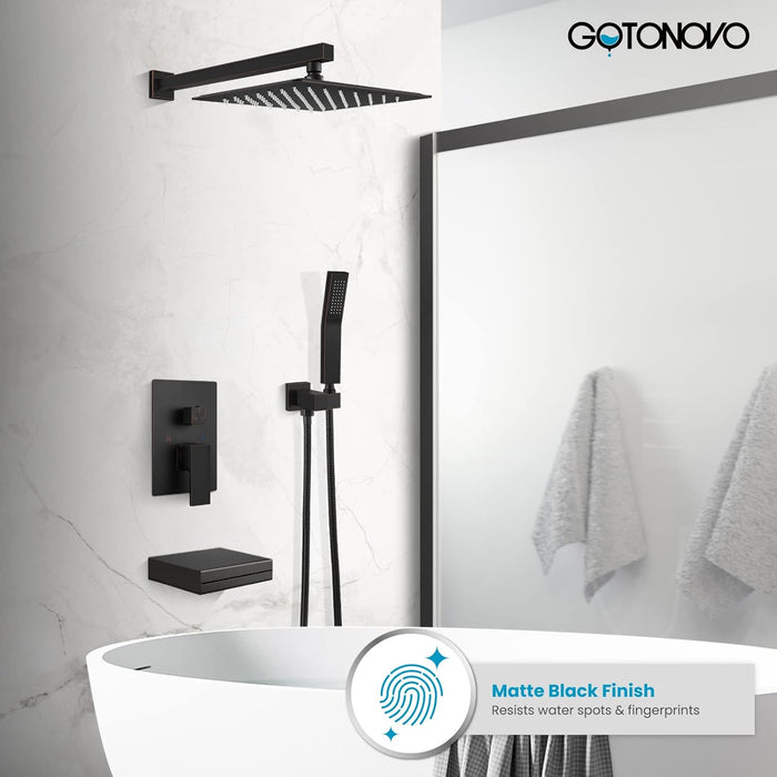 gotonovo Rain Shower Combo Set with Thick Waterfall Tub Spout,Square Rainfall Shower Head with Handheld Spray Wall Mounted Pressure Balance Rough-in Valve and Trim Included