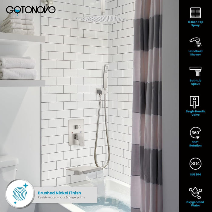 gotonovo Rain Shower System Rainfall Shower Head Combo Shower Faucet Set with Waterfall Bathtub Spout Handheld Shower Ceiling Mount Rough-in Valve Kit Included