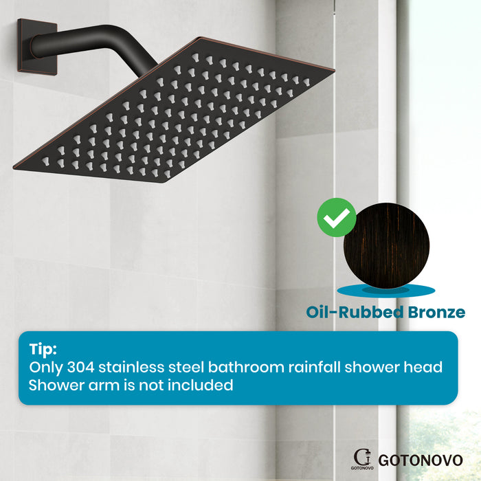 gotonovo Bathroom Rainfall Square Shower Head Ultra-Thin Design SUS304 Stainless Steel High Pressure 360 Degree Free Rotation