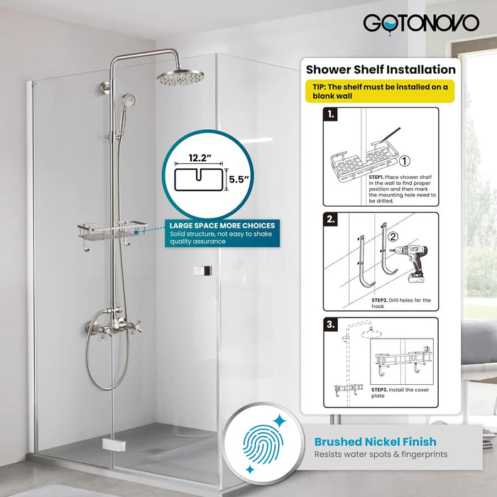 gotonovo Exposed Bathroom Shower Faucet Wall Mounted Shower System Dual Functions 8 inch Wall Mounted with Shower Shelf Double Cross Handles Adjustable Handheld Sprayer