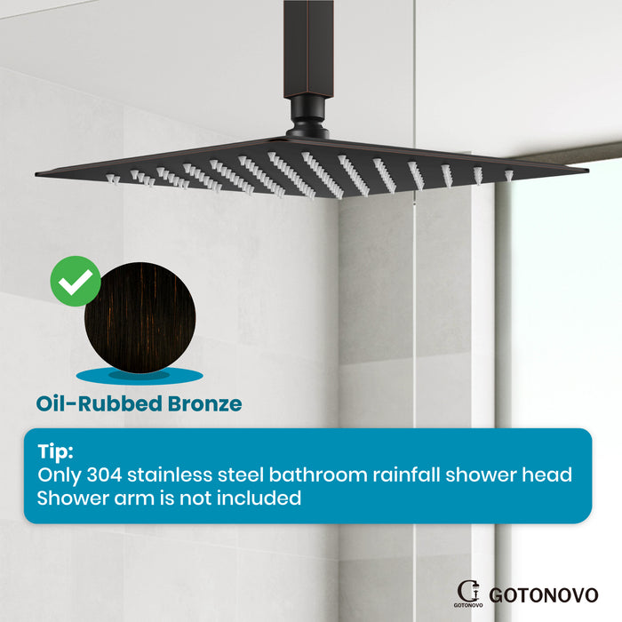 gotonovo Bathroom Rainfall Square Shower Head Ultra-Thin Design SUS304 Stainless Steel High Pressure 360 Degree Free Rotation