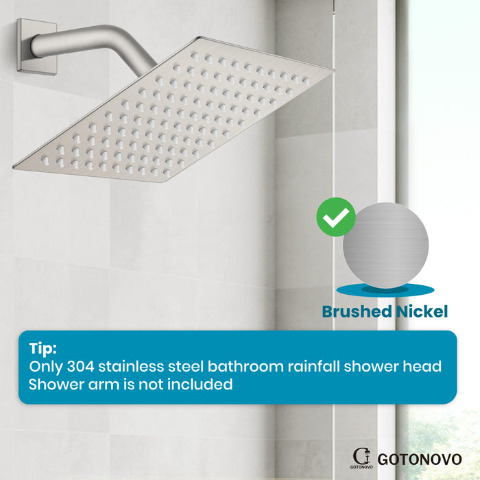 gotonovo Bathroom Rainfall Square Shower Head Ultra-Thin Design SUS304 Stainless Steel High Pressure 360 Degree Free Rotation