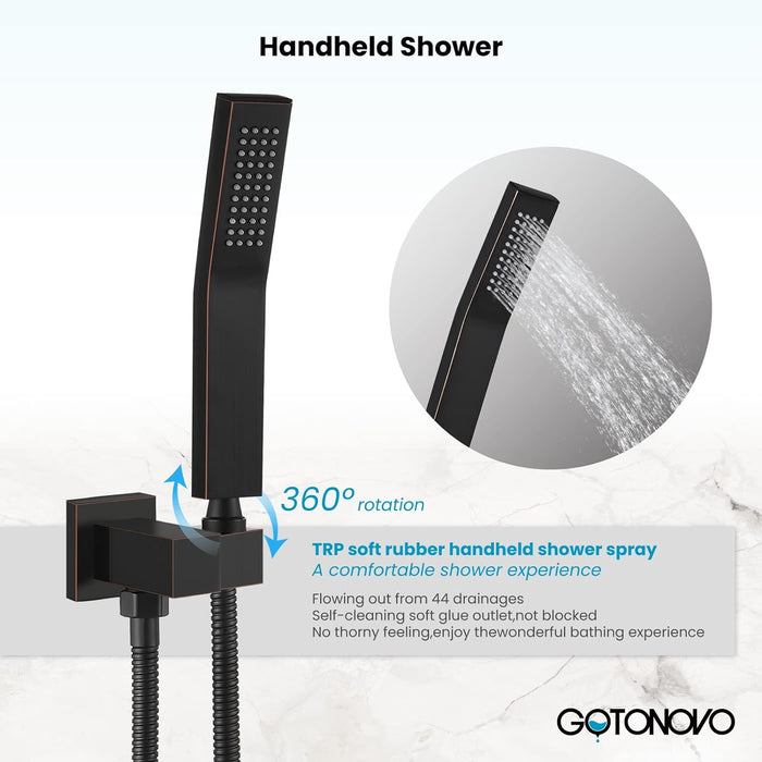 gotonovo Rain Shower Combo Set with Thick Waterfall Tub Spout,Square Rainfall Shower Head with Handheld Spray Wall Mounted Pressure Balance Rough-in Valve and Trim Included