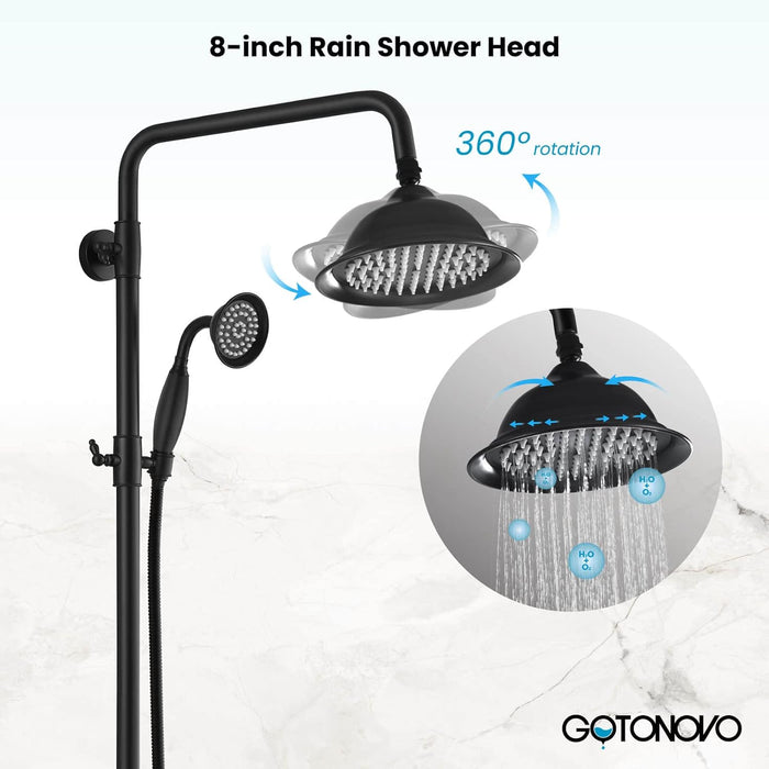 gotonovo 8 Inch Exposed Bathroom Shower System Round Shower Head with Adjustable Handheld Spray Wall Mounted Double Lever Handles Shower Fixture set Triple Function with Tub Spout