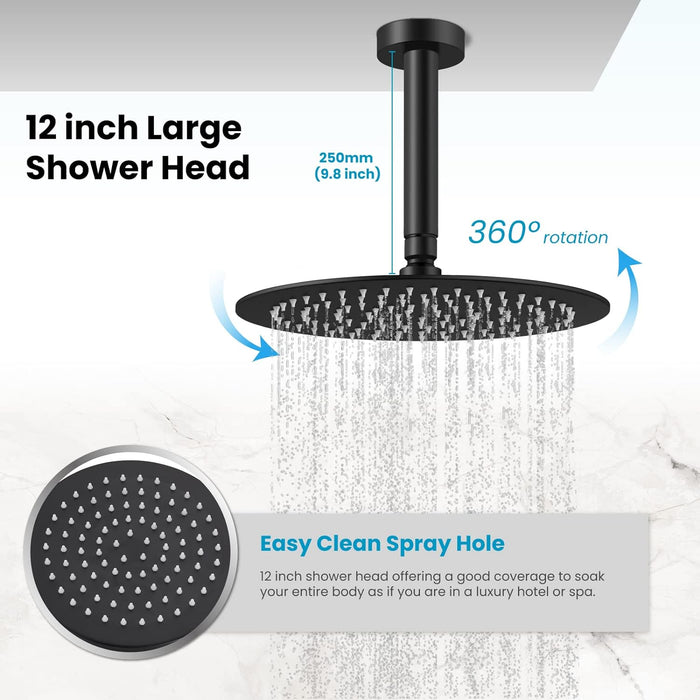 gotonovo Ceiling Mounted Shower Faucet System Rain Mixer with 12 inch Round Rainfall Shower Head with Body Spray Jets with Shower Combo Complete Set