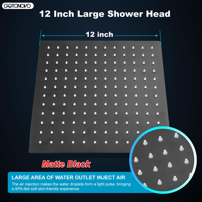 gotonovo Rainfall Showerhead 12 Inch Square Stainless Steel Rain Shower Head Waterfall High Pressure Crackproof Coverage with Silicone Nozzle 1/16" Ultra Thin Design Swivel Connector