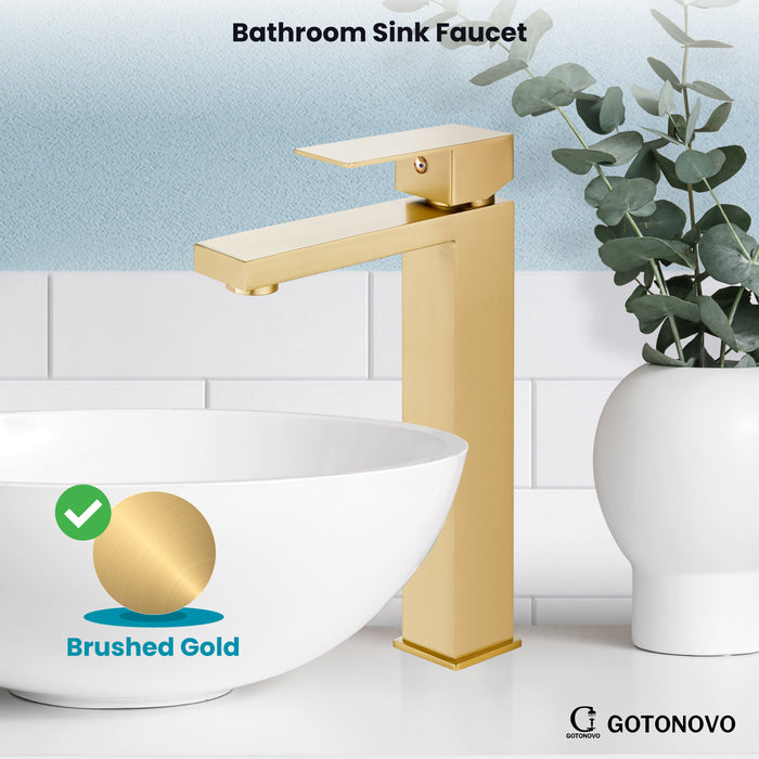 gotonovo Bathroom Sink Faucet Deck Mount Stainless Steel 304 Single Hole Single Handle Spout Mixer Tap with Pop Up Drain(Tall Type&Short Type)