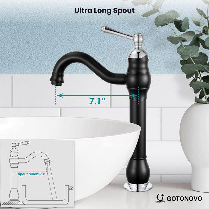 gotonovo Bathroom Vessel Sink Faucet Single Handle Lavatory Vanity Mixer Bar Tap with Pop Up Drain Tall Spout Single Hole Deck Mount